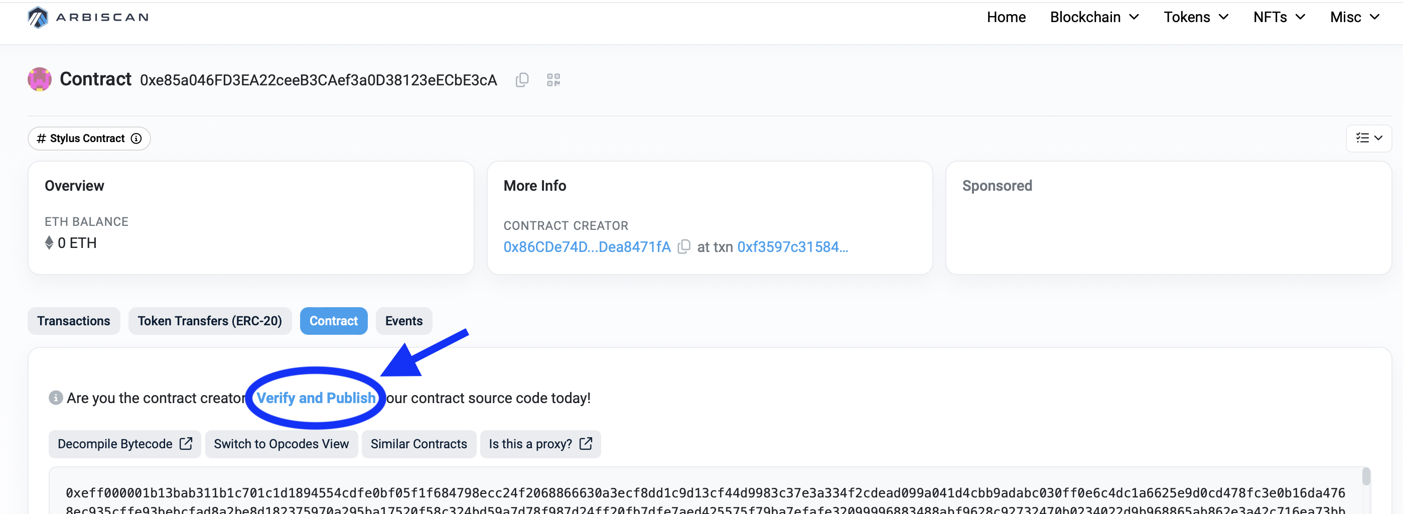 Verify and Publish link on Arbiscan